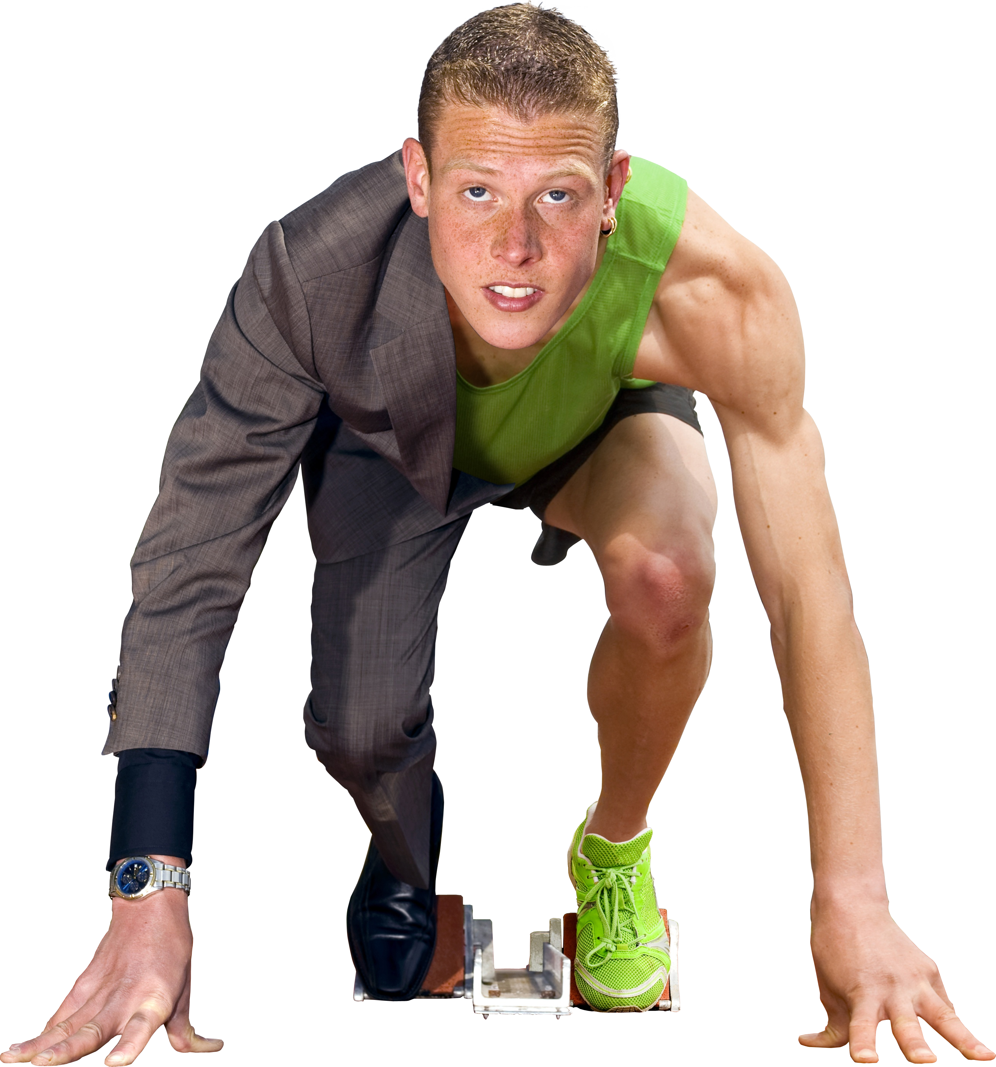 A Man In A Suit And Green Shirt On A Starting Block