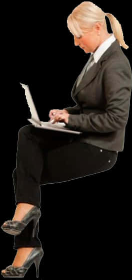 A Woman In A Suit Holding A Laptop