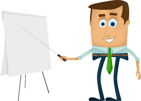 A Cartoon Of A Man Pointing At A White Board