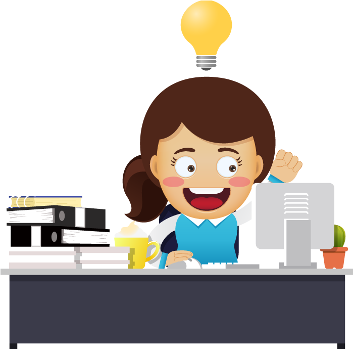A Cartoon Of A Woman At A Desk With A Light Bulb Above Her Head