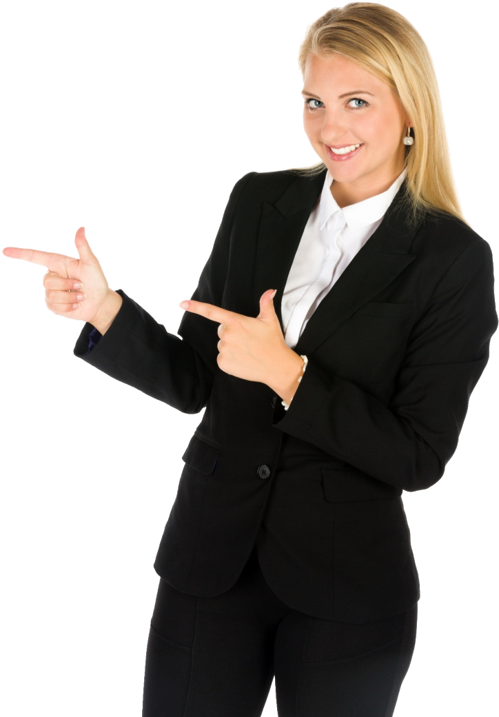 A Woman In A Suit Pointing At Something