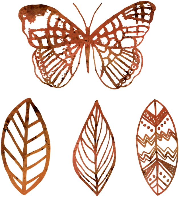 A Butterfly And Leaves Drawn On A Black Background