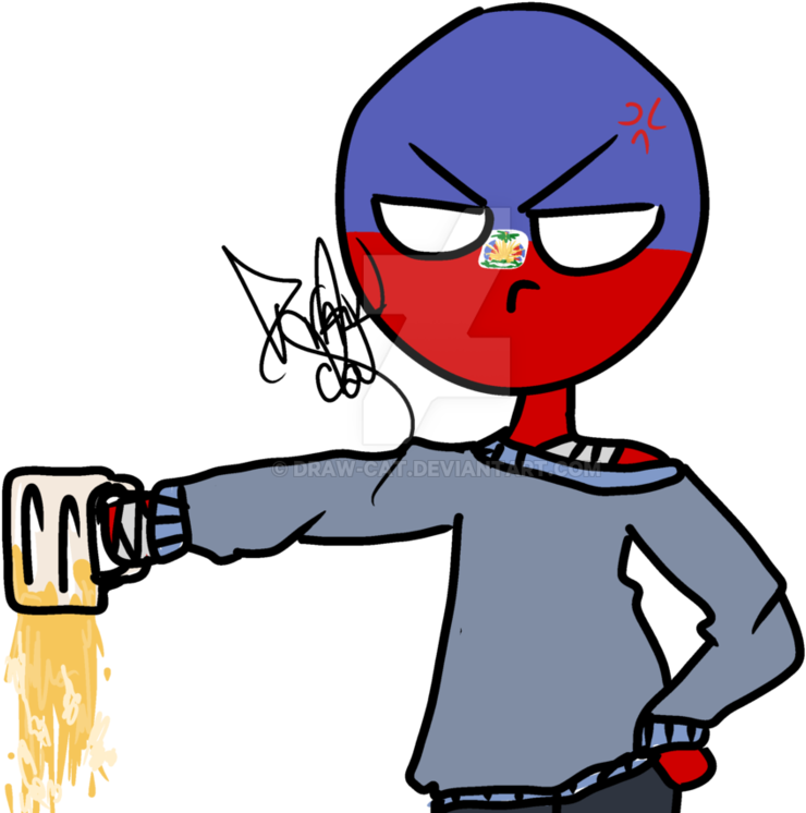 A Cartoon Of A Man With A Red Blue And White Face Holding A Beer Mug