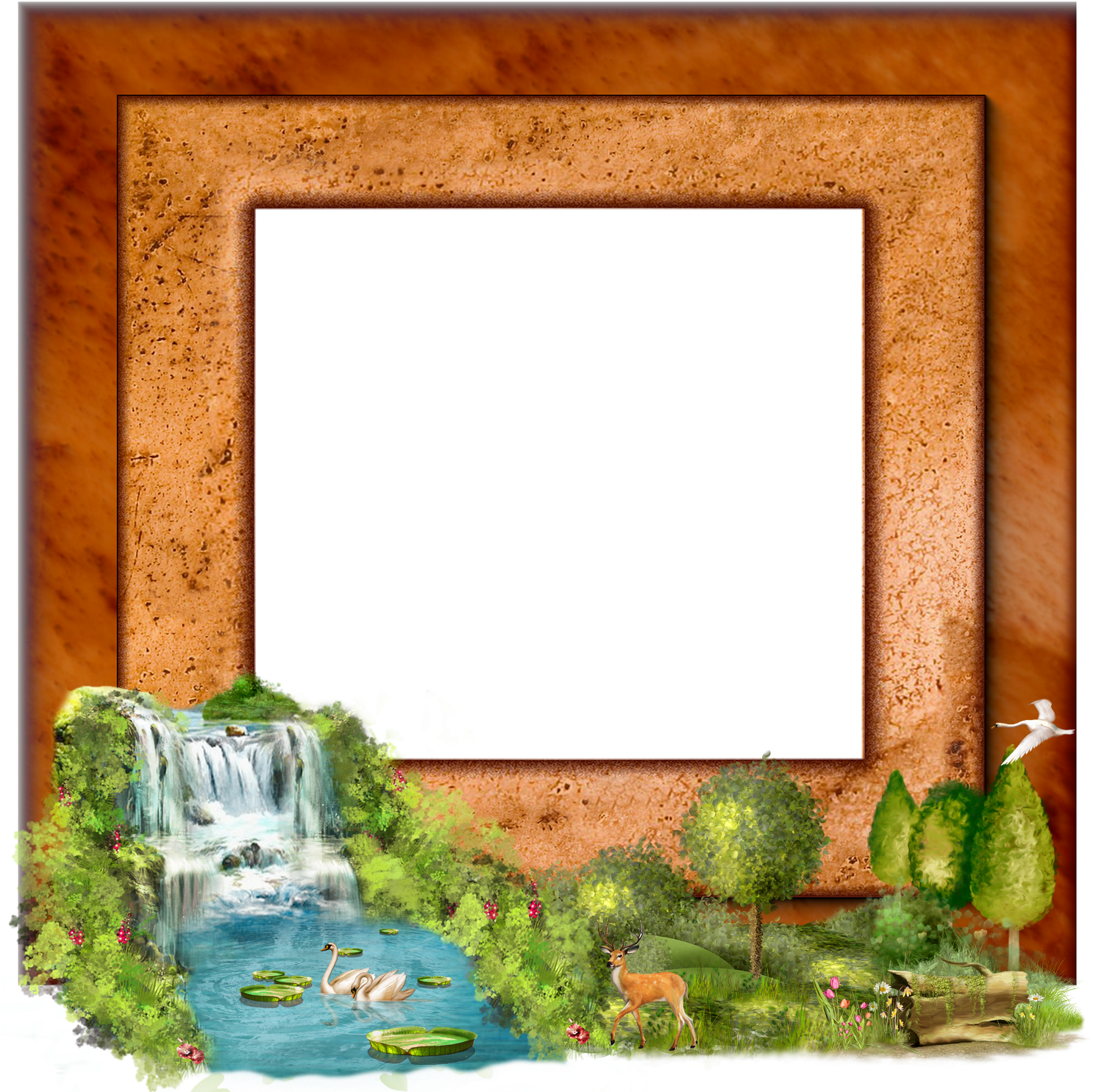 A Picture Frame With A Waterfall And Birds