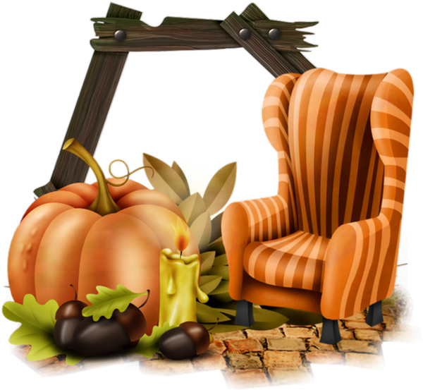 A Pumpkin And Chair With Acorns And A Candle