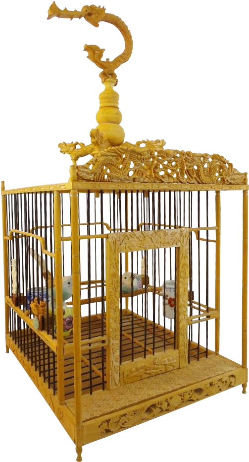 A Yellow Bird Cage With Birds In It