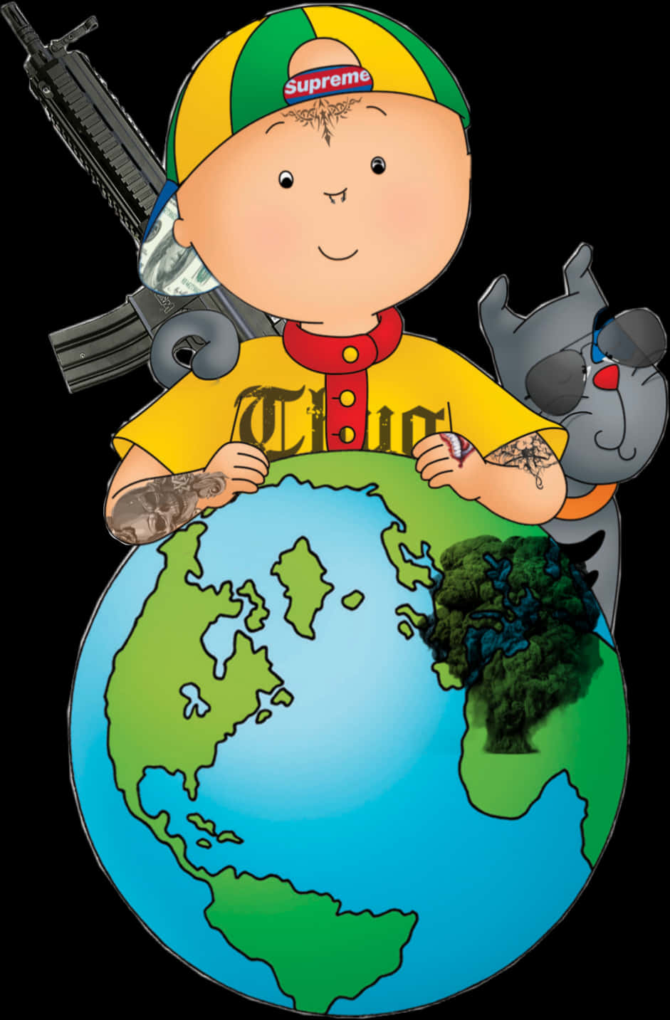 A Cartoon Of A Boy Holding A Gun And A Planet