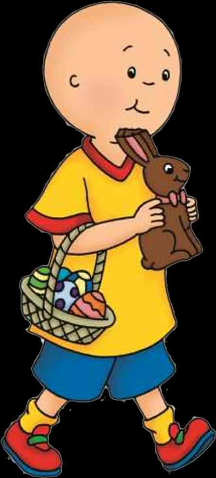 A Cartoon Of A Man Holding A Chocolate Bunny And A Basket Of Eggs
