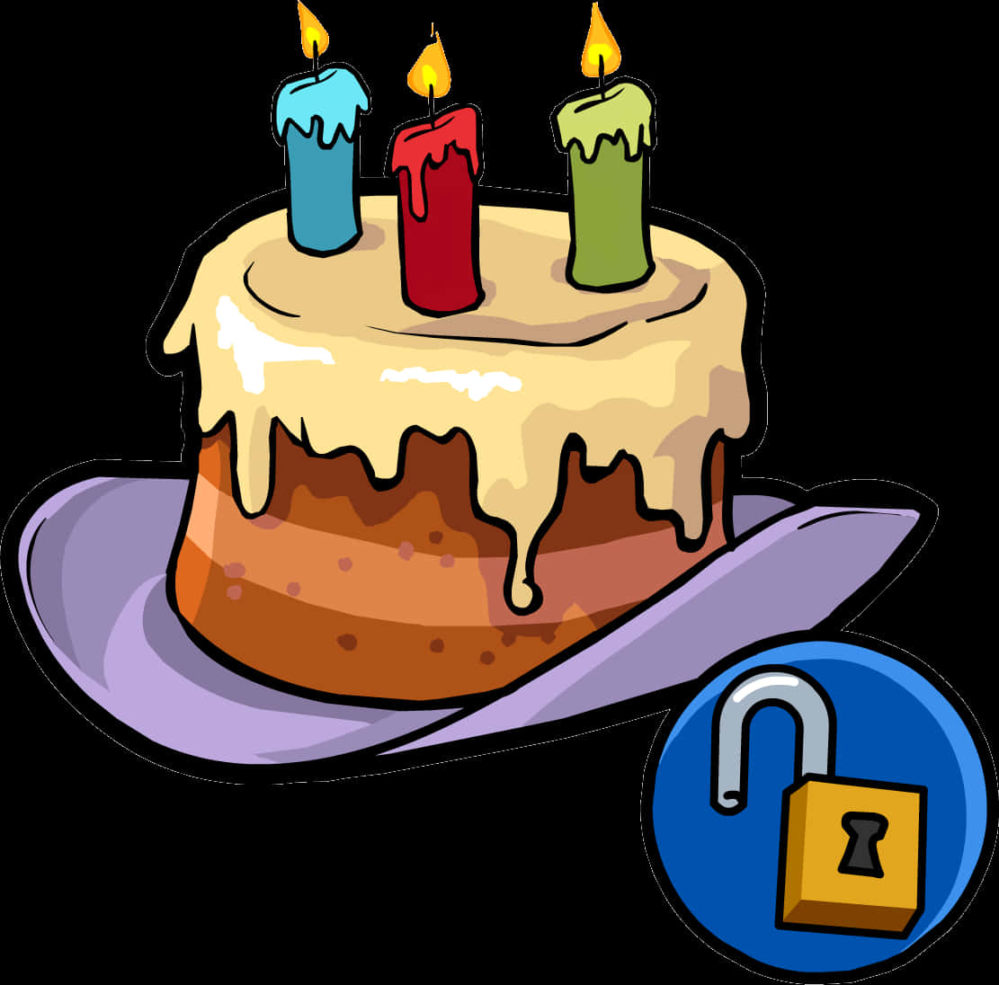 A Cartoon Of A Cake With Candles And A Lock