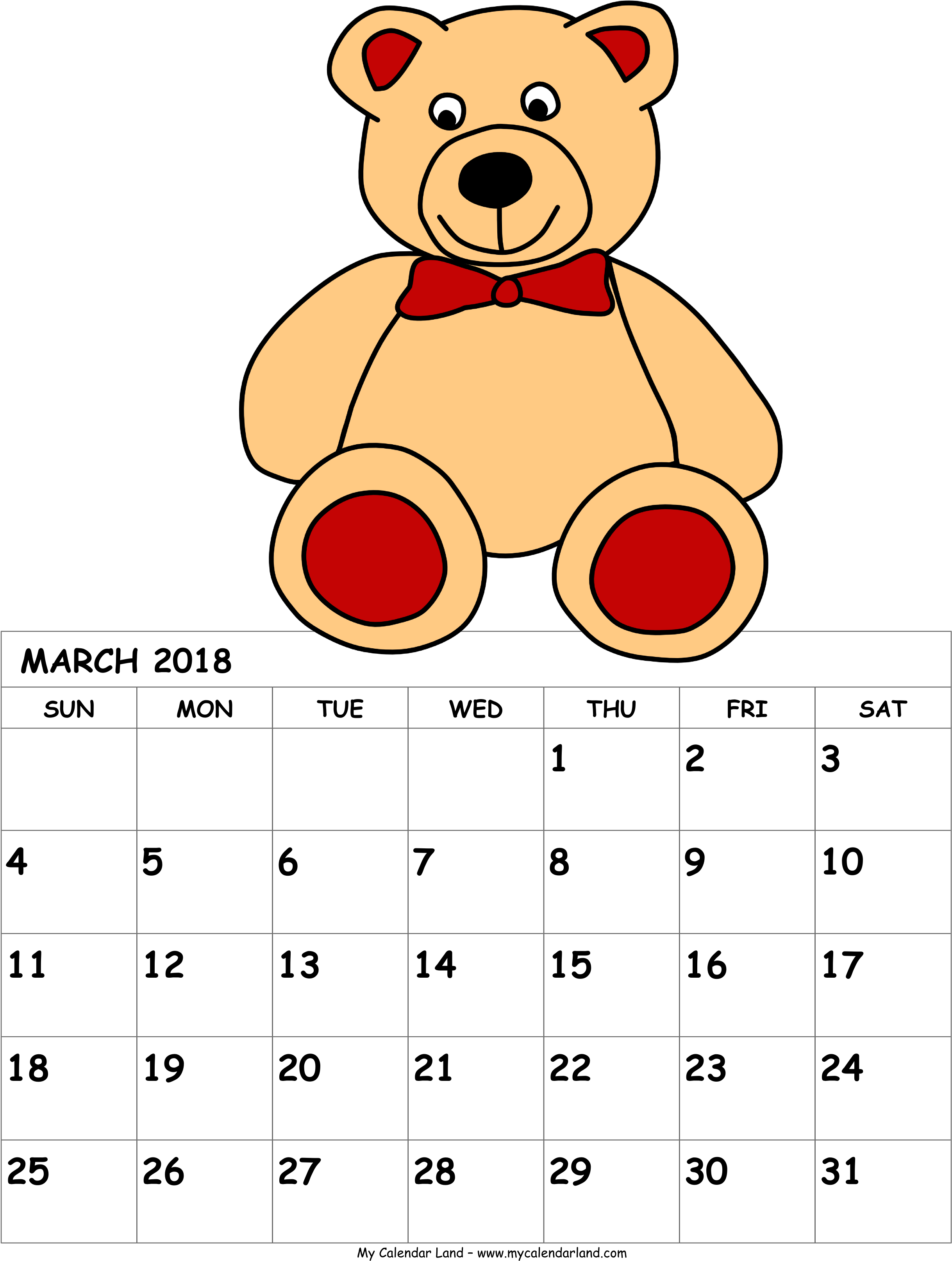 A Calendar With A Teddy Bear
