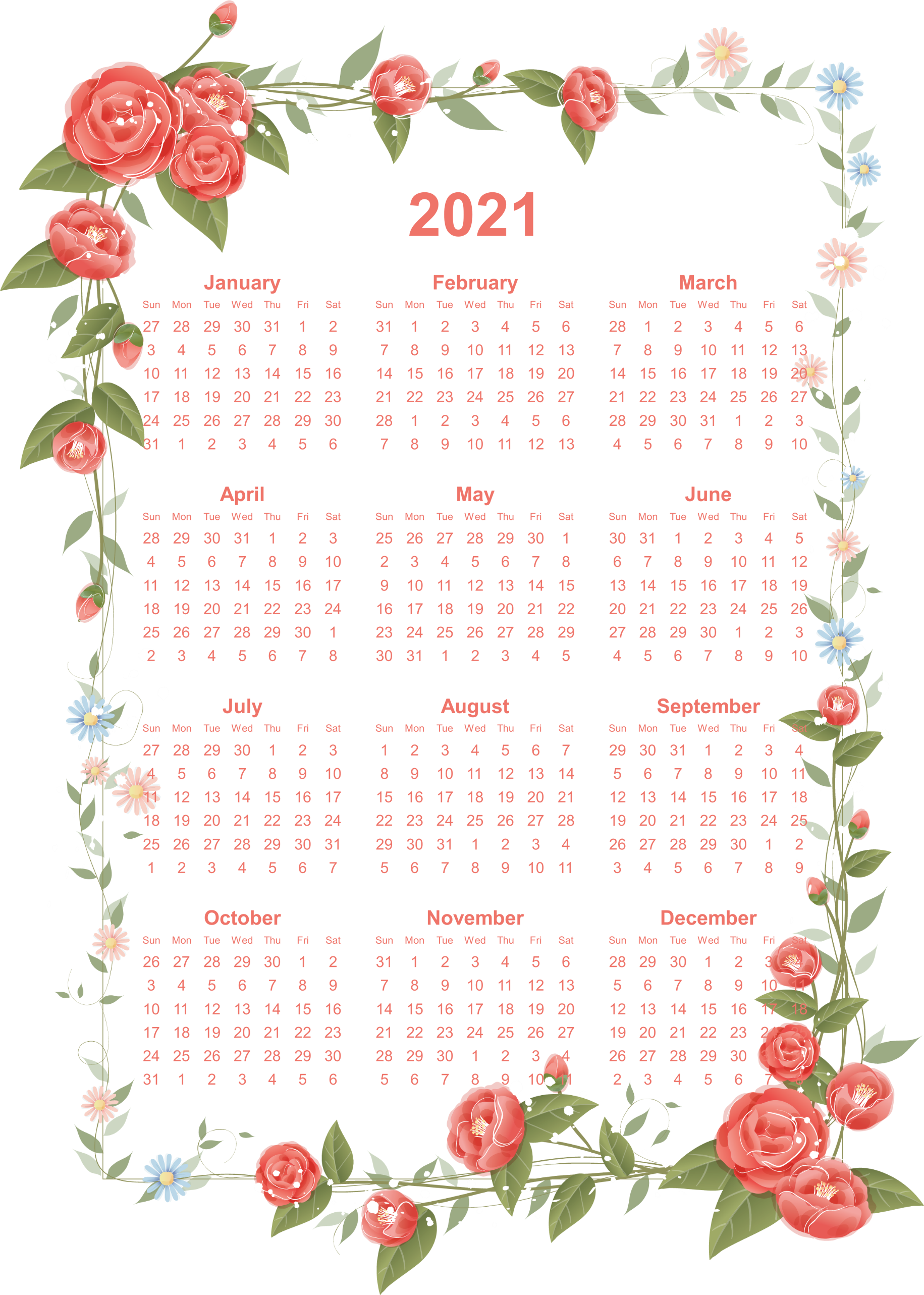2021 Floral Calendar Clipart