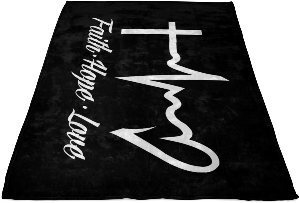 A Black And White Blanket With White Text