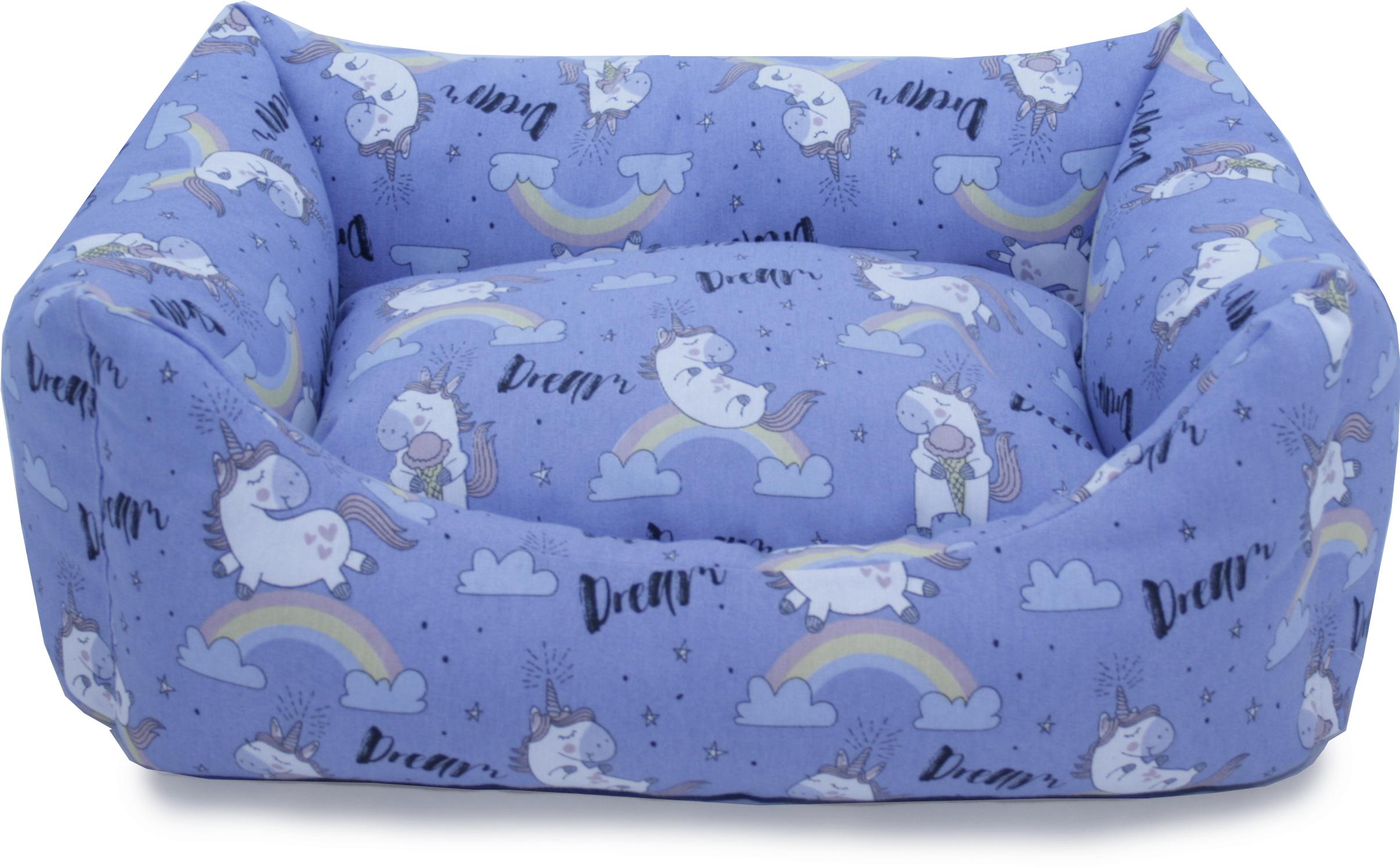 A Blue Dog Bed With Unicorns And Rainbows