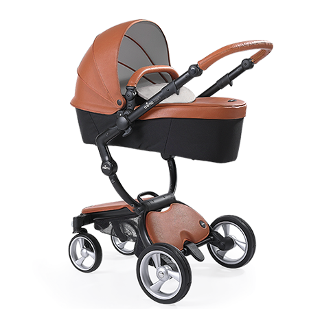 A Baby Stroller With A Brown Seat