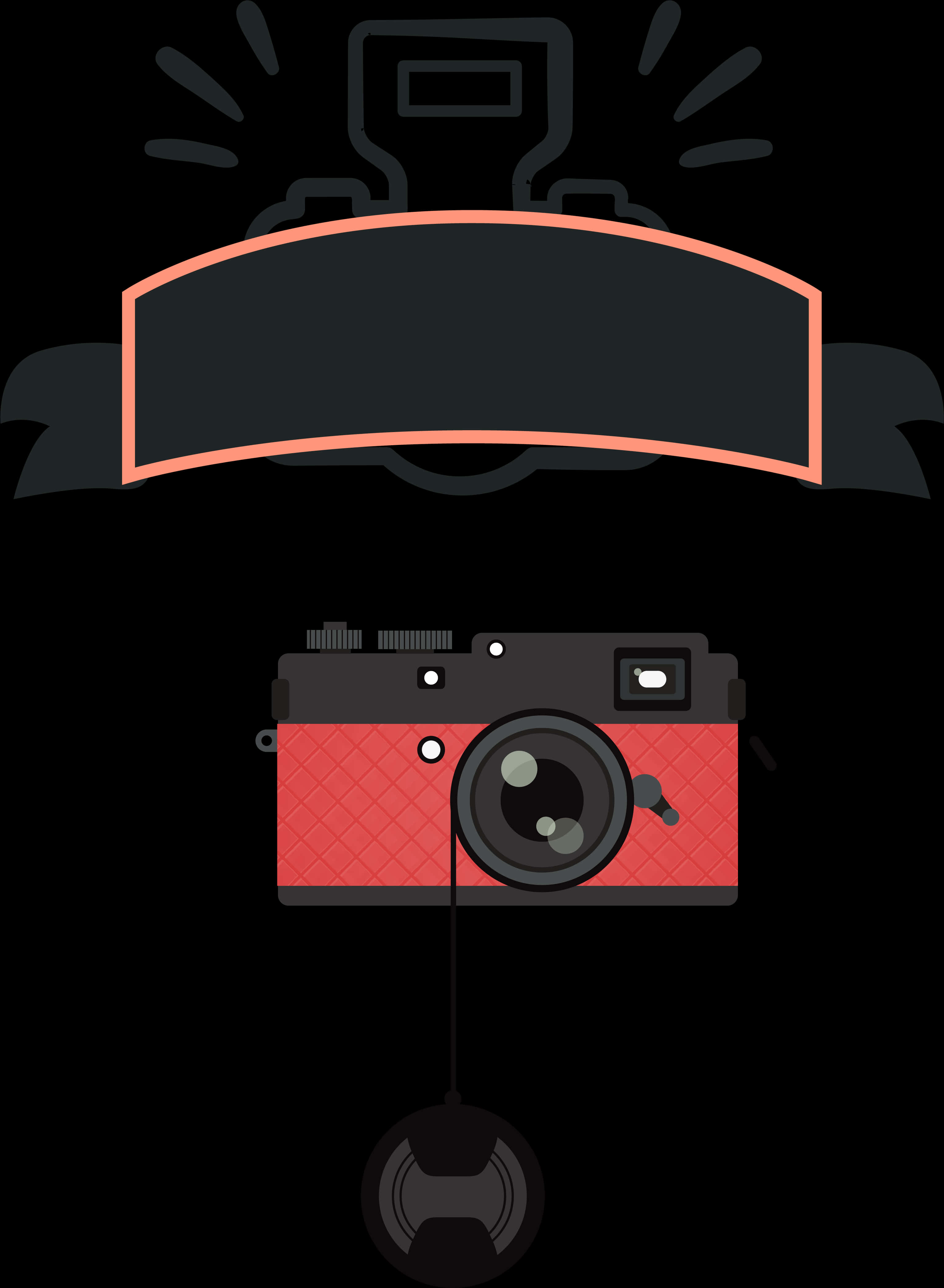 A Red And Black Camera With A Black Banner
