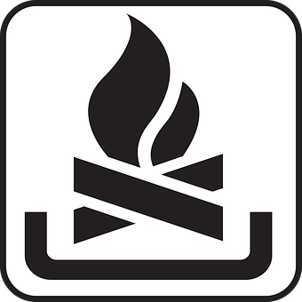 A Black And White Sign With A Fire