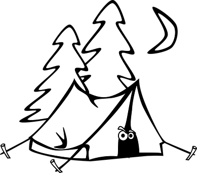 A White And Black Drawing Of A Tent And Trees