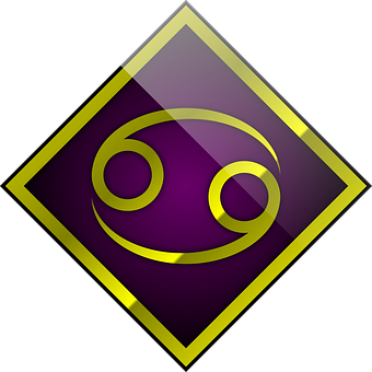 A Purple And Yellow Sign With A Symbol