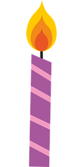 A Purple Striped Candle With A Flame On Top