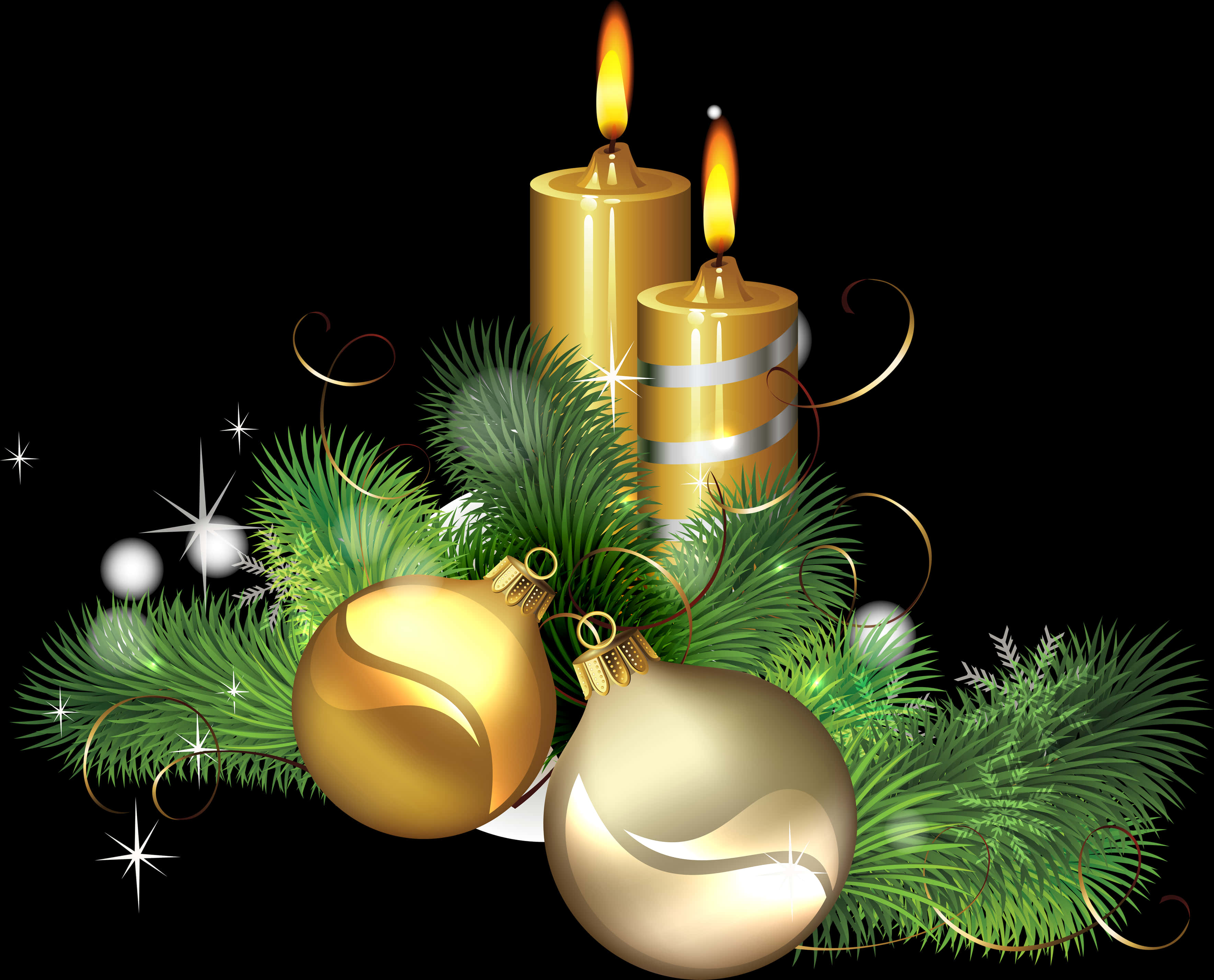 A Candle And Ornaments With Pine Needles