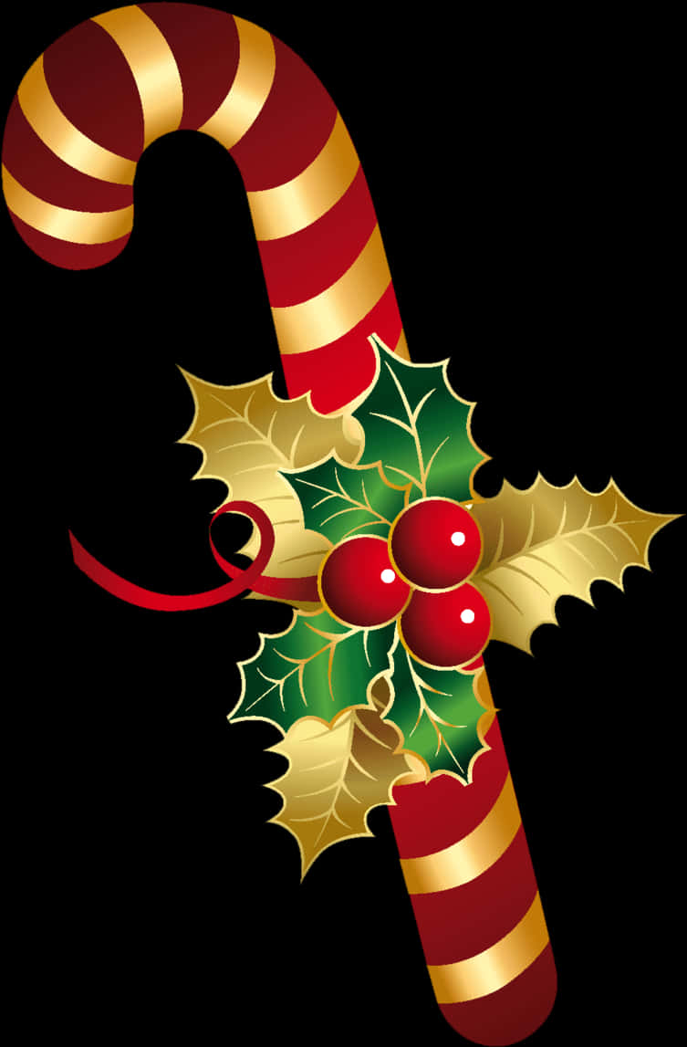 A Candy Cane With Holly And Leaves