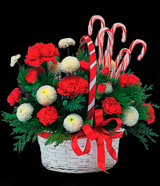 A Basket Of Flowers And Candy Canes