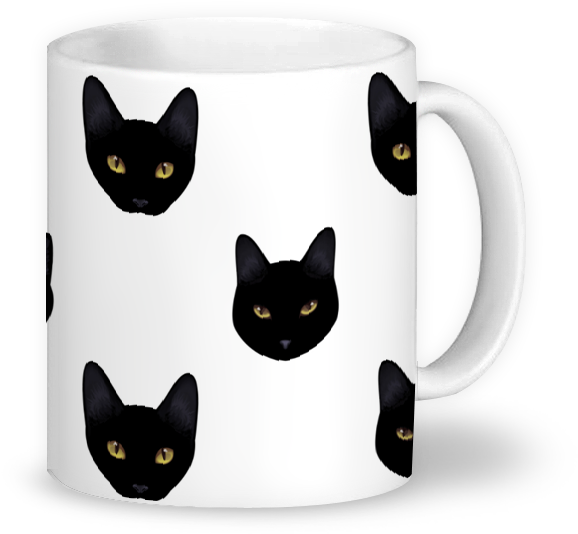A White Mug With Black Cats Faces
