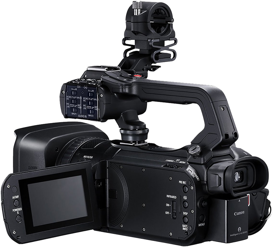 A Black Video Camera With A Screen And A Black Background