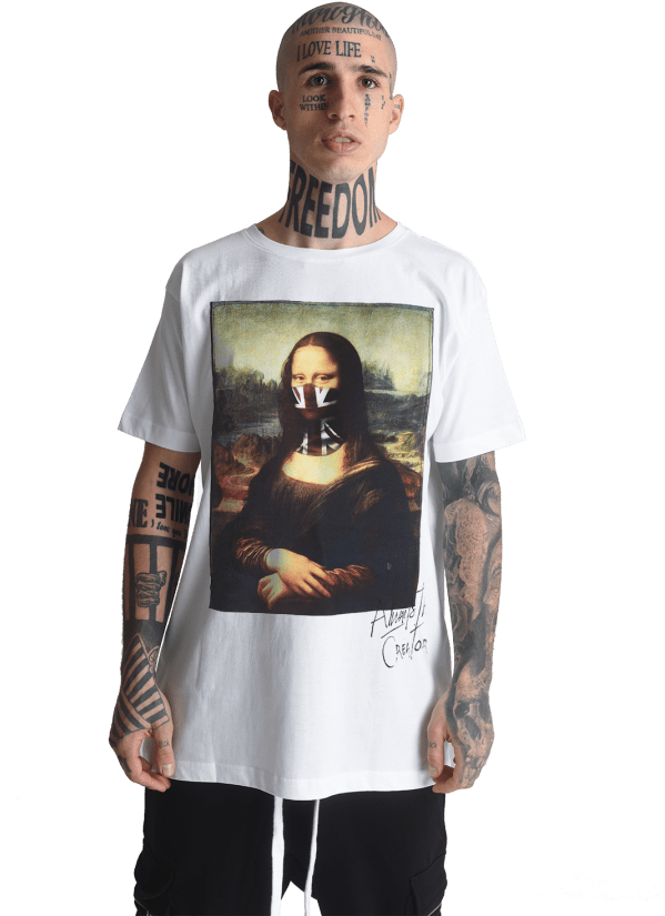 A Man With Tattoos And A White Shirt With A Picture Of A Mona Lisa