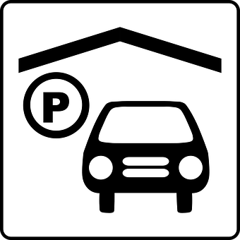 A Black And White Sign With A Car And A Parking Garage