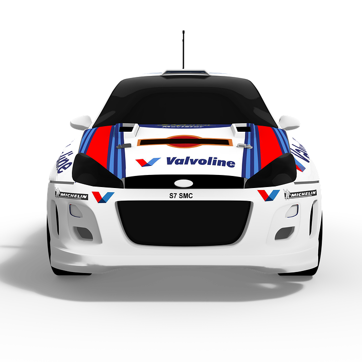 A White Race Car With Red And Blue Stripes