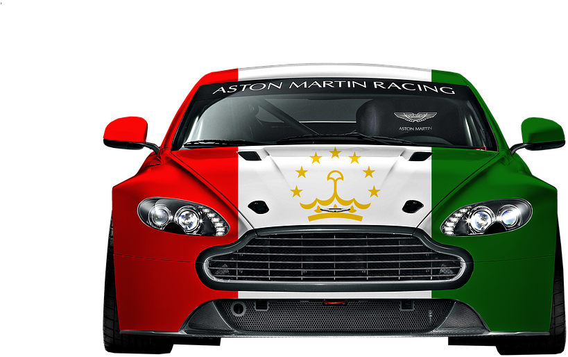 A Red White And Green Sports Car With A White Text On It
