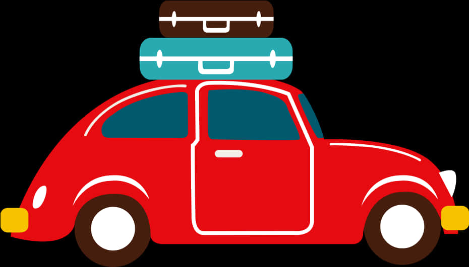 A Red Car With Luggage On Top