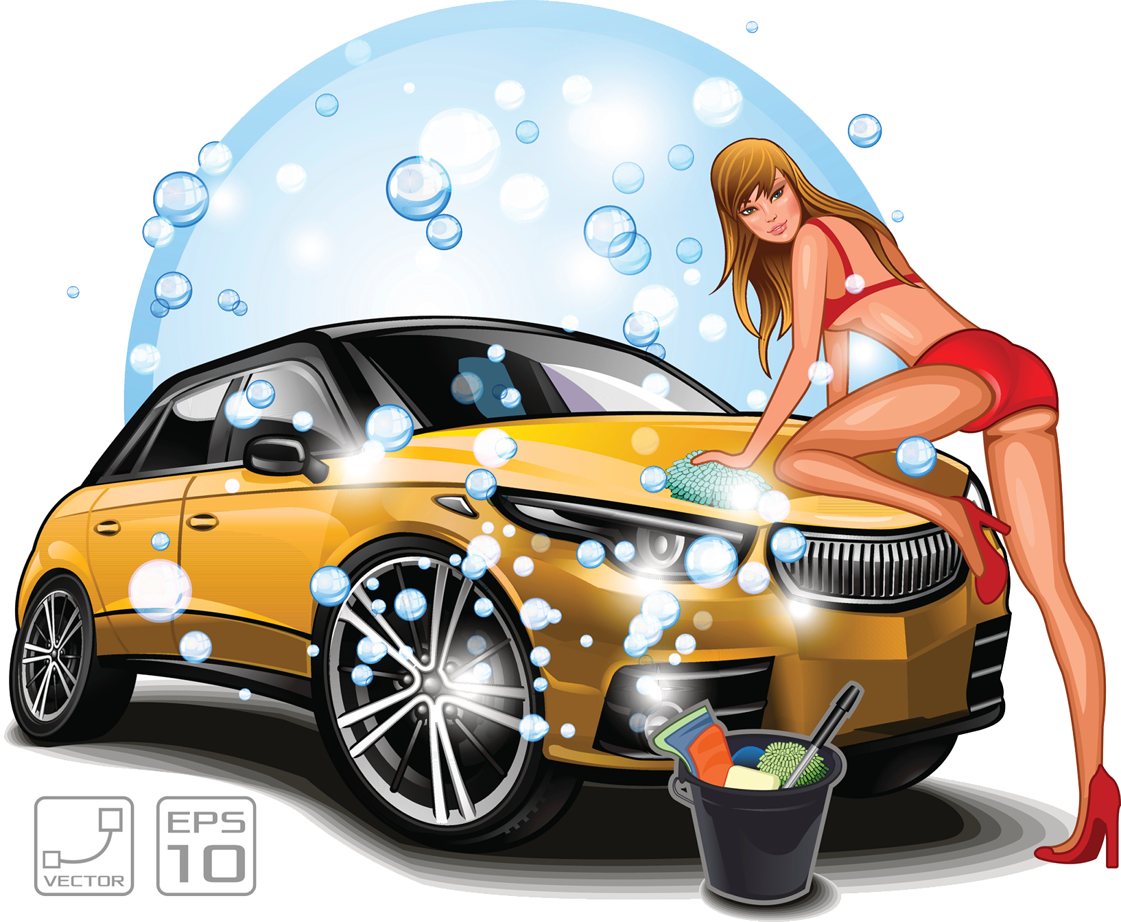 A Woman In A Garment Washing A Car
