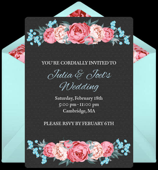 A Black Invitation With Pink And White Flowers Inside An Open Envelope