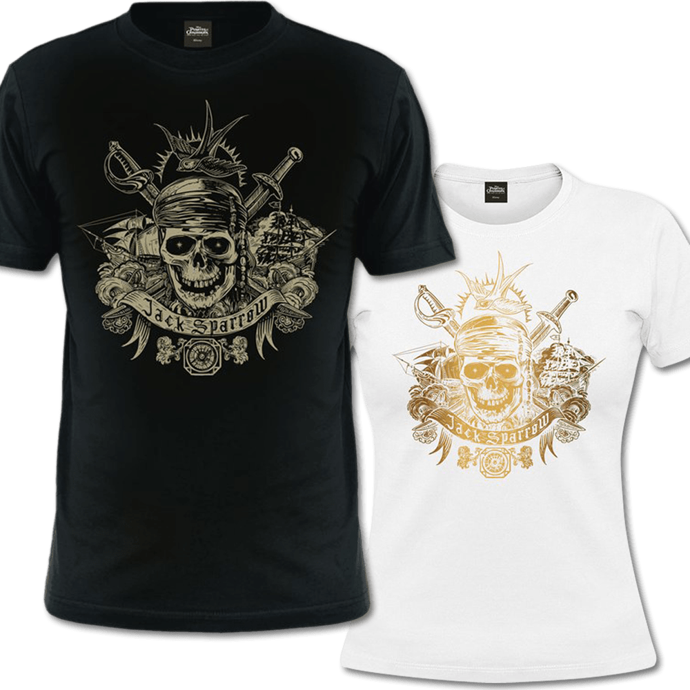 A Black And White T-shirts With Gold Designs