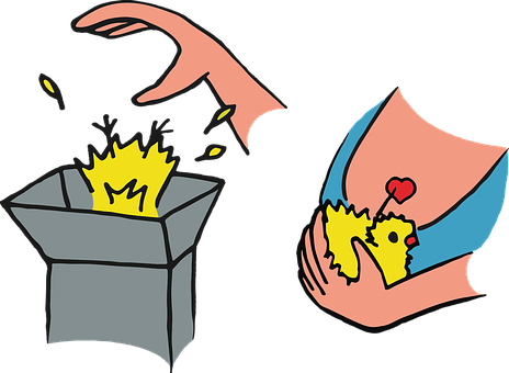 A Cartoon Of A Person Holding A Small Yellow Bird In A Box