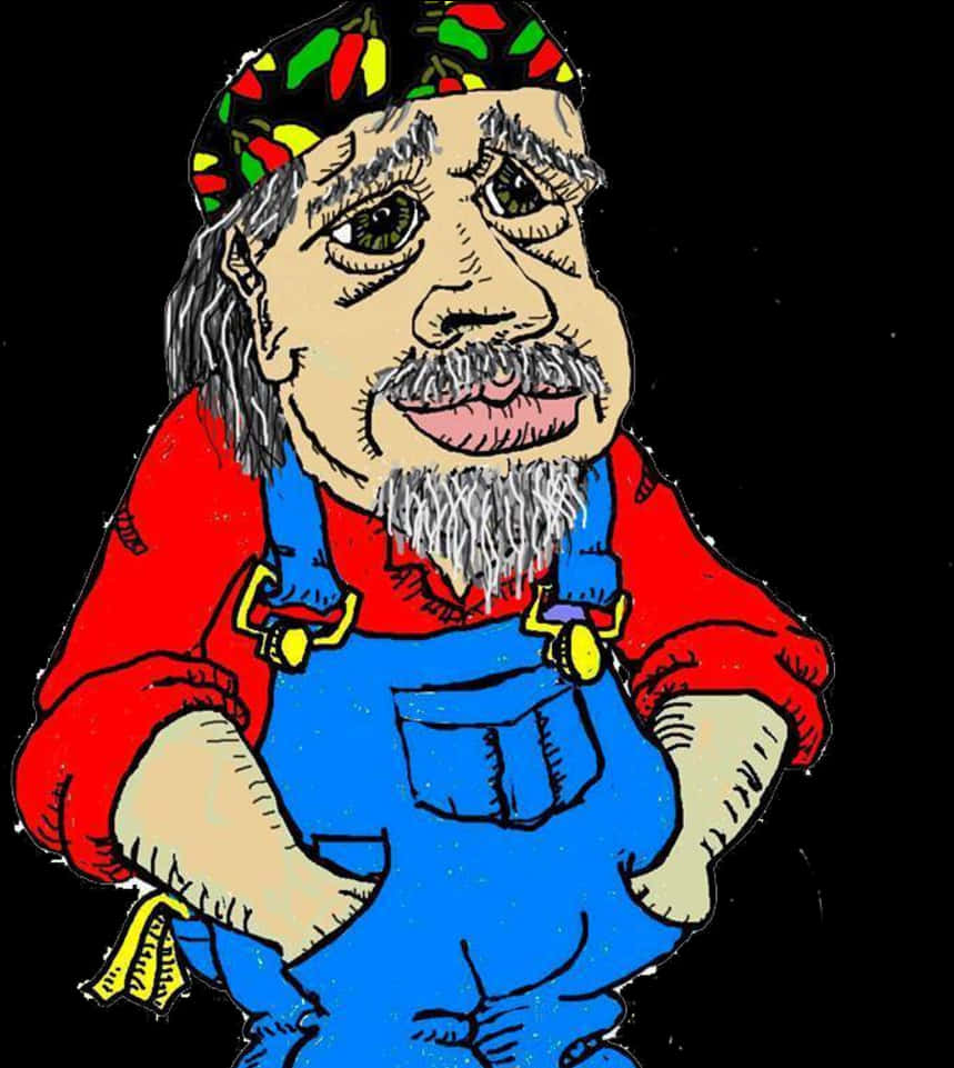 A Cartoon Of A Man With A Beard And Blue Overalls