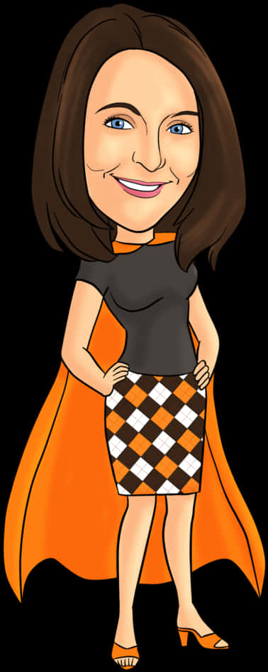 Cartoon Of A Woman With Brown Hair And Orange Cape