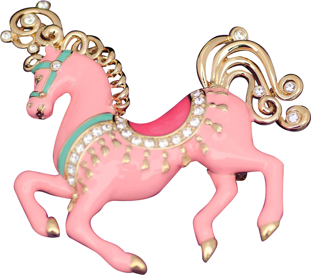 A Pink Horse Brooch With Gold And Crystals