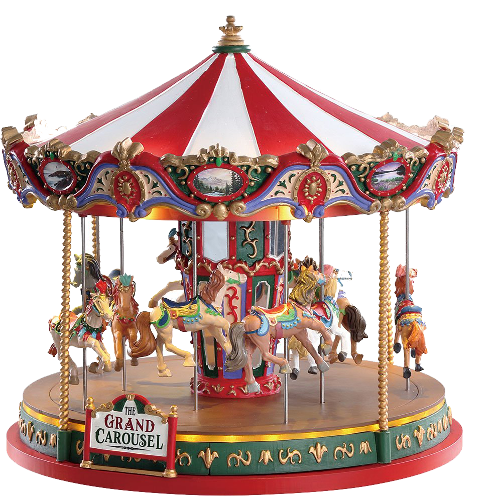 A Carousel With Horses And A Sign