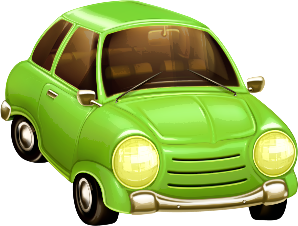 A Green Car With Its Headlights On