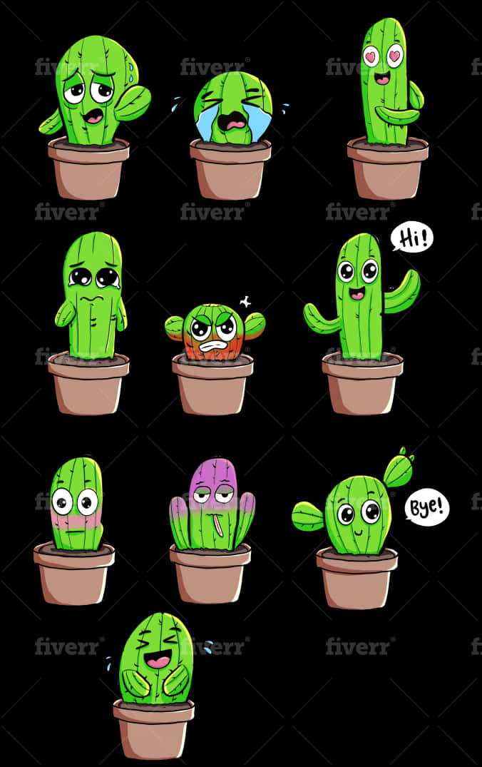 Cartoon Cactus Plants In Jars