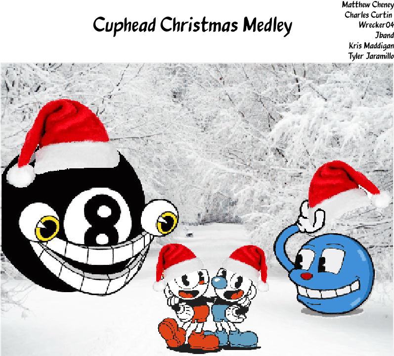 A Group Of Cartoon Characters Wearing Santa Hats In A Snowy Forest