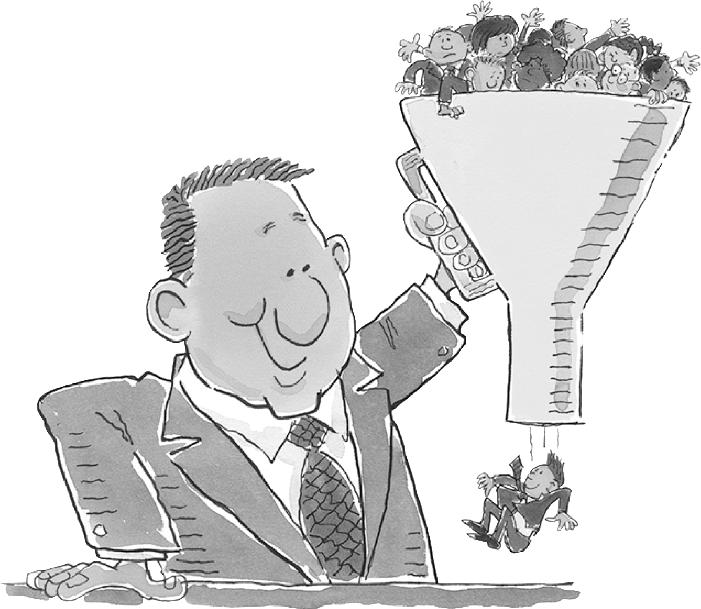 A Cartoon Of A Man Holding A Funnel With Small Children