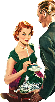 A Woman Holding A Tea Cup And A Man In A Suit