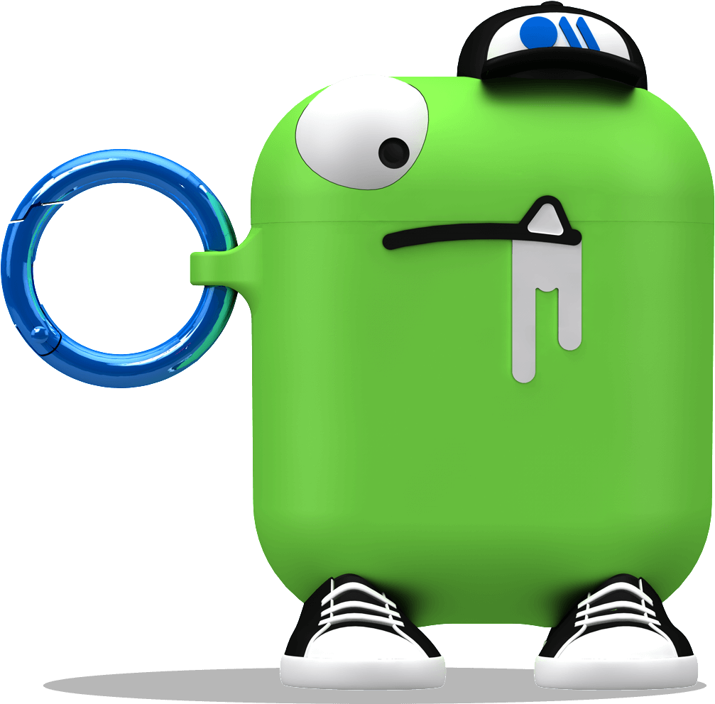 A Green Toy With A Blue Hat And A Blue Object With A Black Background