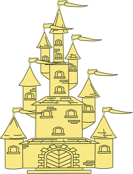 A Cartoon Castle With Towers And Flags
