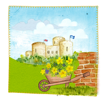 A Painting Of A Castle And A Wheelbarrow With Flowers