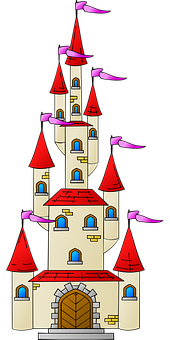 A Cartoon Castle With Red Roofs